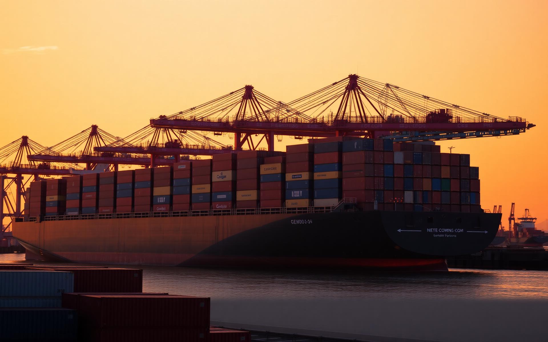 Cargo ship loading containers at an Asian port at sunset