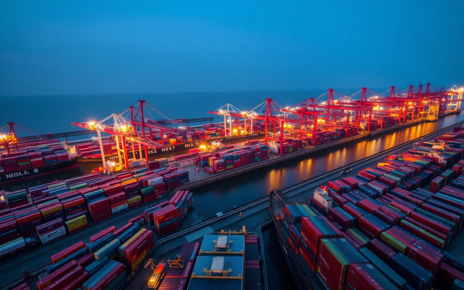 Aerial view of an Asian container port at work