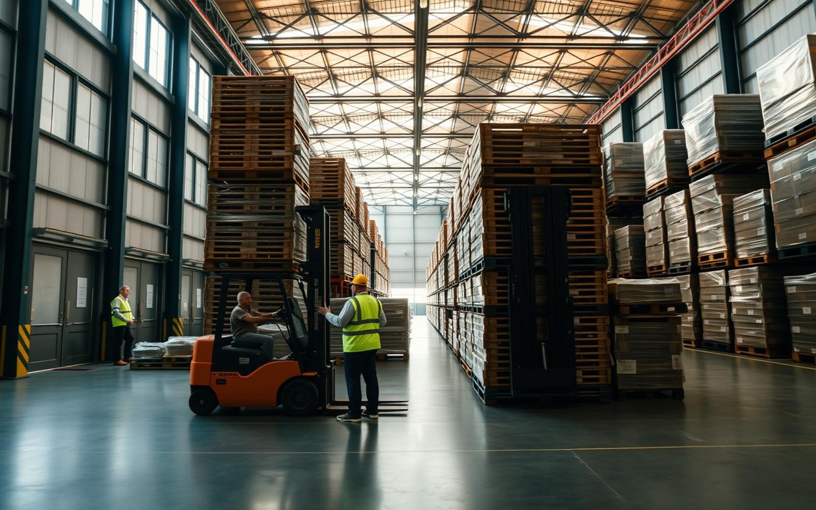 Warehouse operations with pallets and forklift